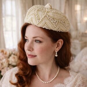 Gladys & Belle Ivory Beaded Soutache Halo Beret Cocktail Hat Bridal OS